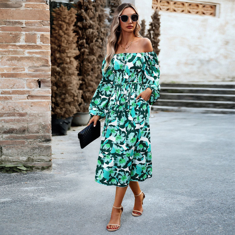 Vestido largo elegante con cuello cuadrado y estampado para mujer