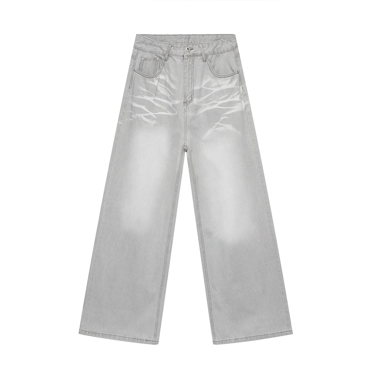 Light gray straight loose jeans, flat lay view with front yoke and two pockets