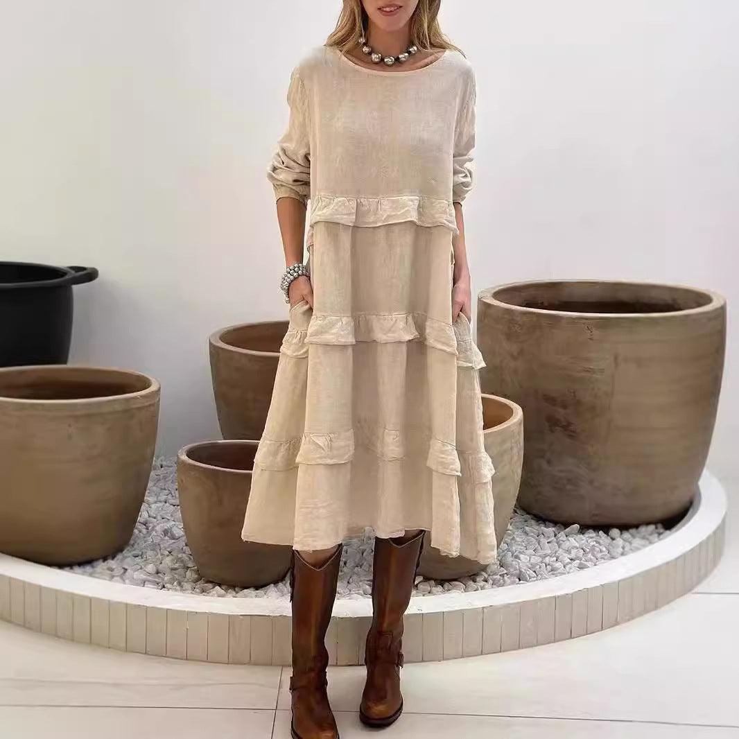 Women's long-sleeve tiered ruffle dress in light apricot, round neck, multi-layer hem