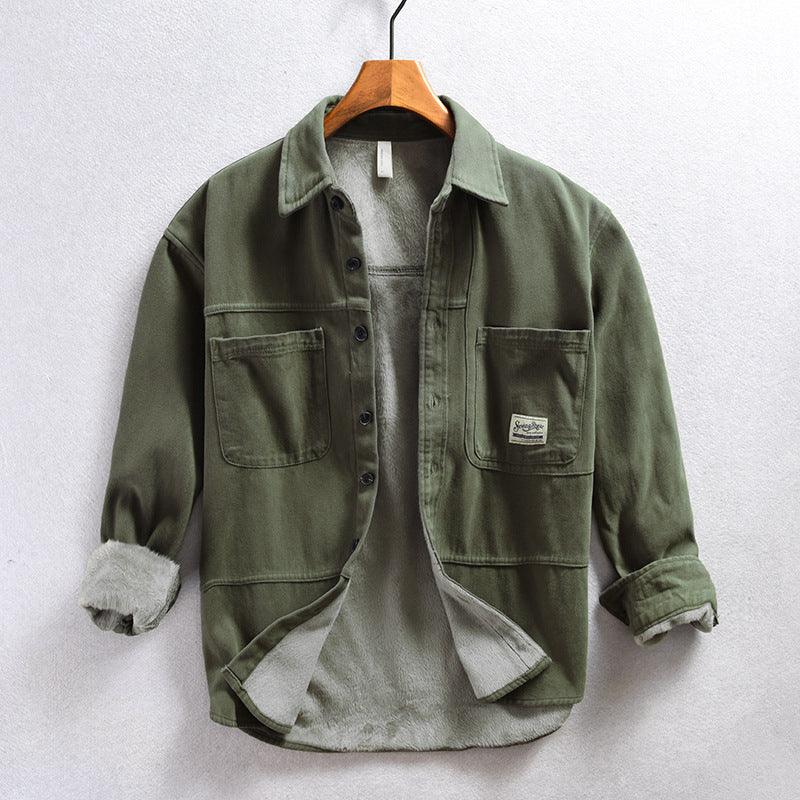 Olive velvet shirt coat with button front, two chest pockets, and long sleeves
