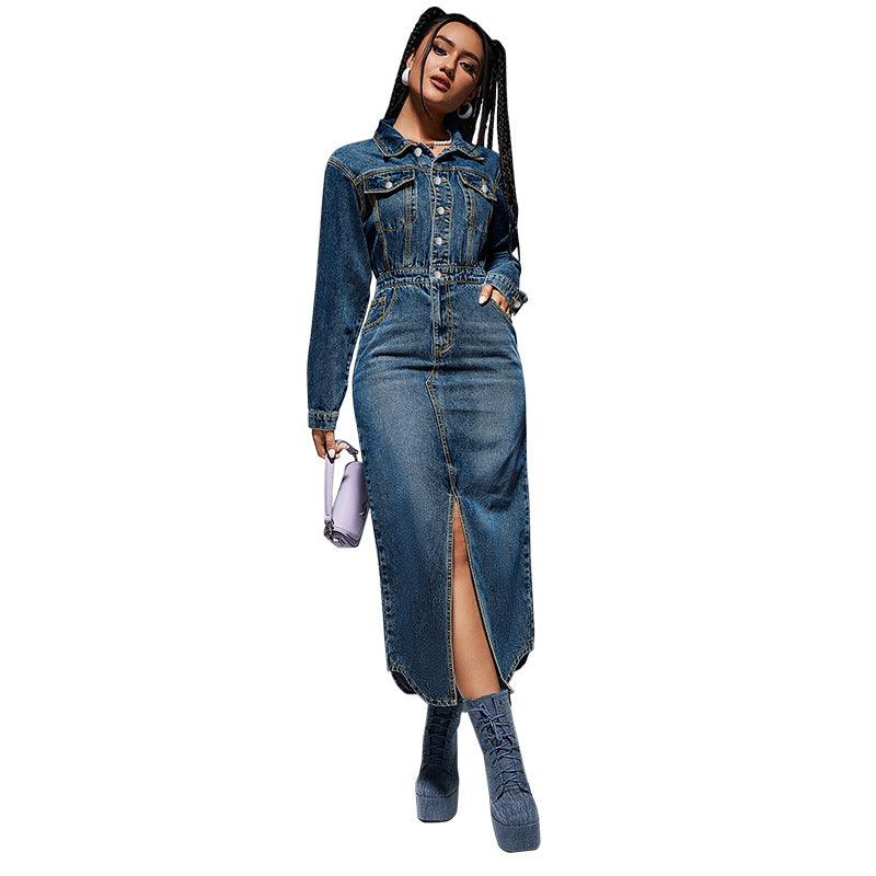 Blue denim long dress with collared button front, fitted waist, front slit, long sleeves