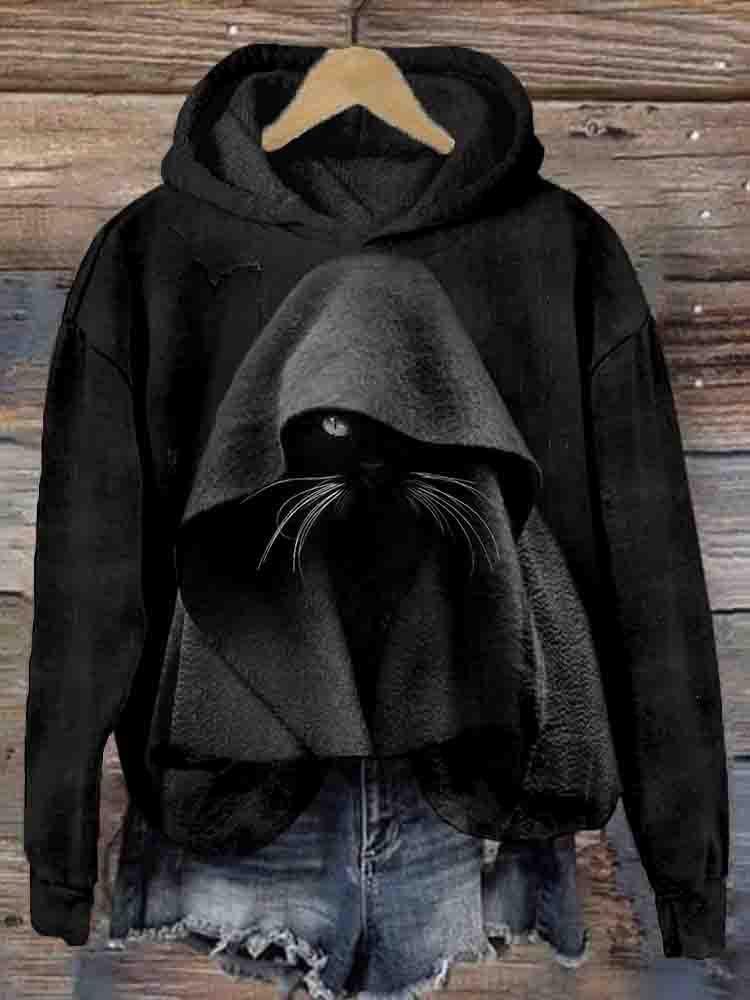 Mysterious Cat Art Print Stitching Hoodie Sweater - WOMONA.COM