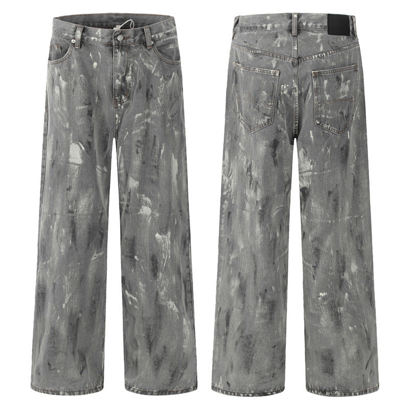 Men's washed gray distressed jeans, straight leg, button fly, belt loops and pockets