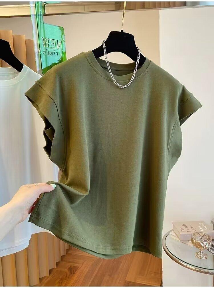 Army green sleeveless loose top with crew neck, relaxed fit, cap sleeves