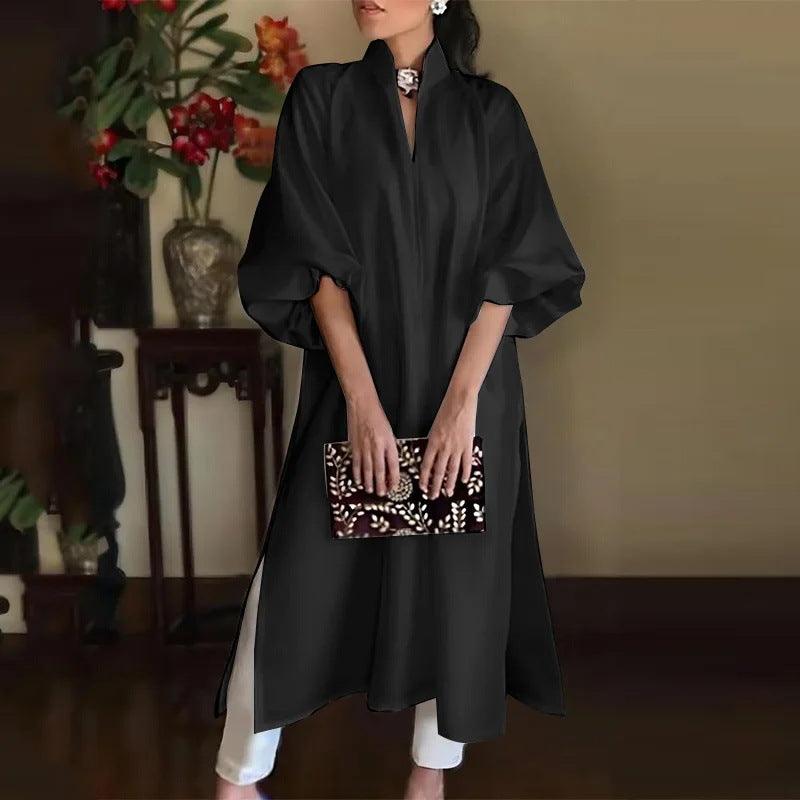 Black solid color dress, split V neckline, balloon sleeves, midi A-line hem