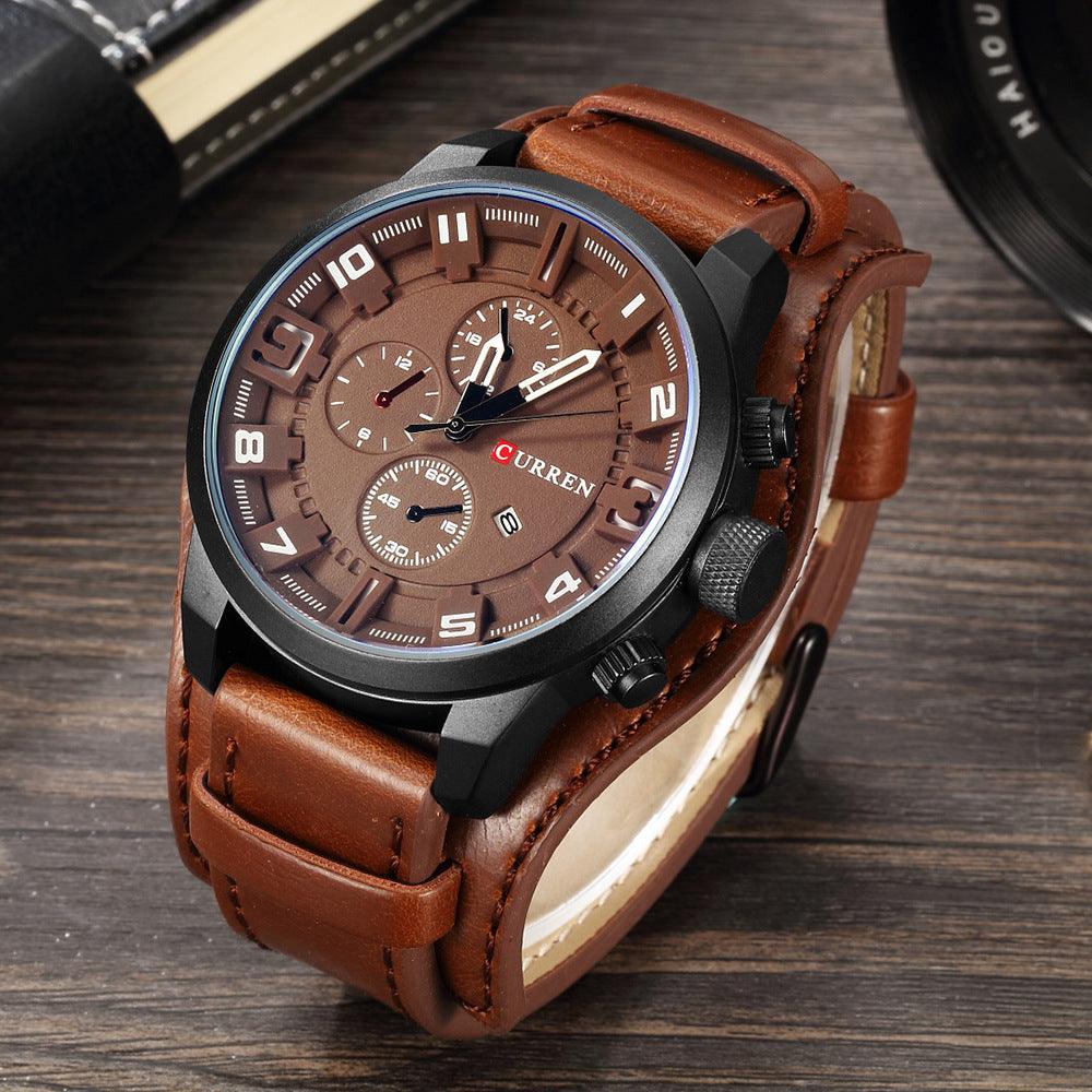 Sports quartz wristwatch with brown leather strap and dark brown dial