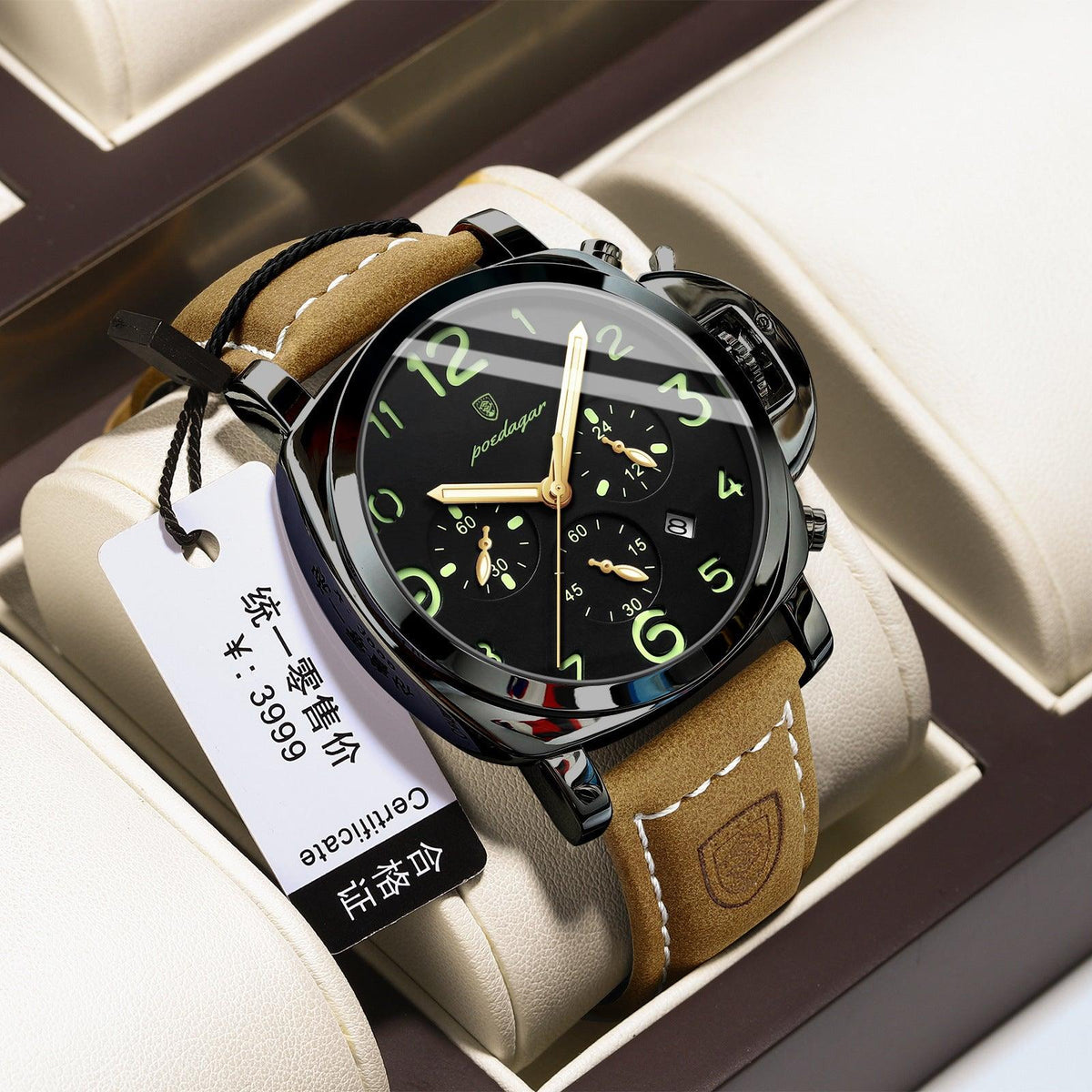 Men's sports watch with silver case, brown leather strap, black dial with green numerals