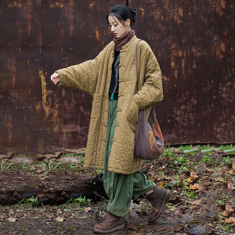 Women's quilted hooded robe with button front and patch pockets, raw hemp brown; long.