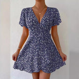 Floral Tie-neck Waist Trimming Dress - WOMONA.COM