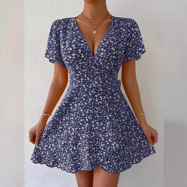 Floral Tie-neck Waist Trimming Dress - WOMONA.COM