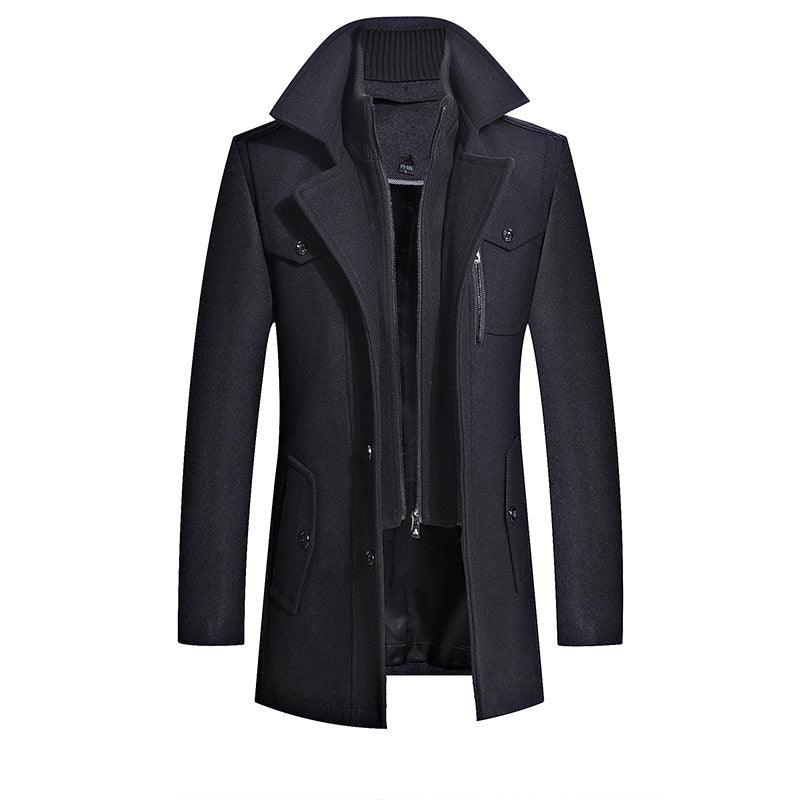Black wool coat back view with double collar and vertical center seam.