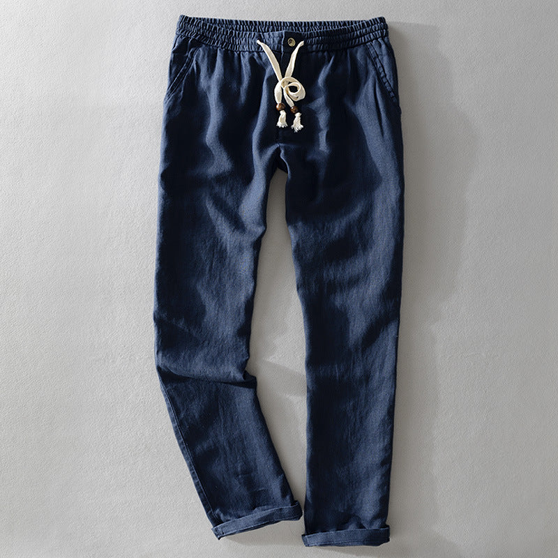 Linen youth loose casual pants, dark navy blue, gathered elastic waist with drawstring.