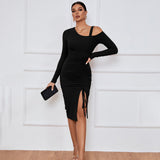 Women's Split Off-shoulder Sheath Long Sleeve Dress - WOMONA.COM