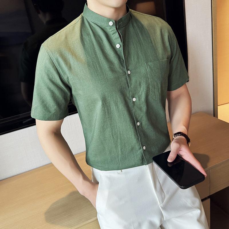 Men's green short-sleeve linen-cotton shirt with button placket and chest pocket