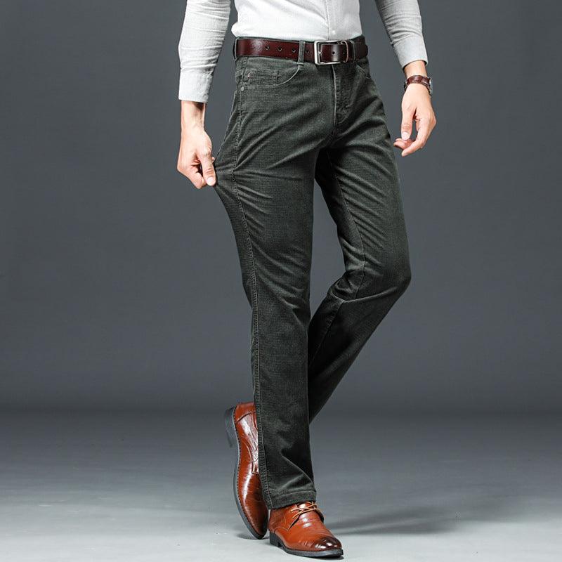 Men's dark gray corduroy straight-leg pants with belt loops and zip fly