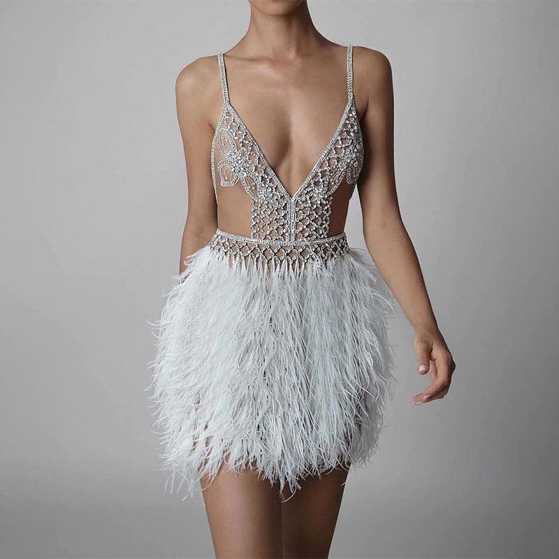 Women's sequin sling mini dress with white feather fringe skirt and V-neck straps