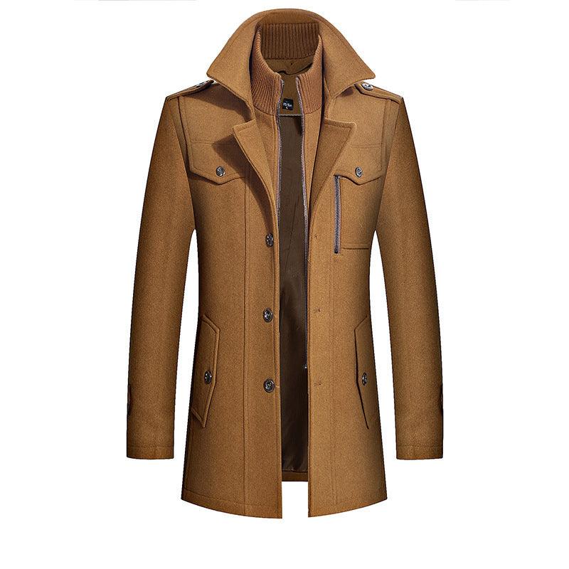 Camel wool coat with double collar, zipper front, button placket, flap chest pockets.