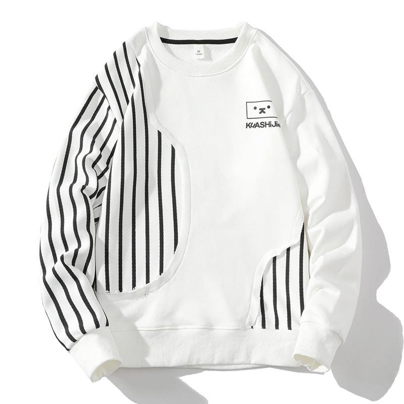 Loose Sports Long-sleeved T-shirt Patchwork Stripes Printed Men's Clothing Round-neck Sweater - WOMONA.COM