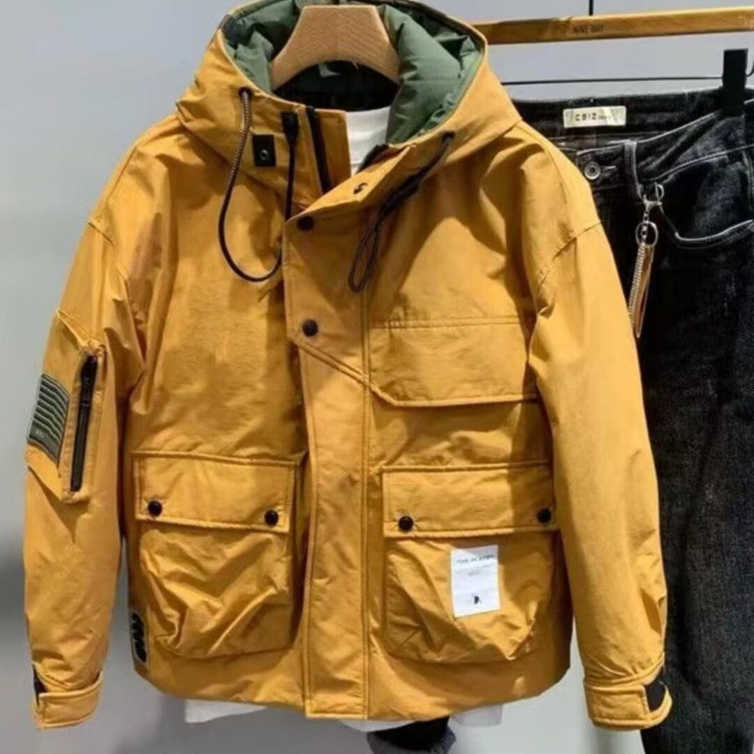 Loose cotton jacket, hooded with drawstrings, multiple flap pockets, mustard yellow front