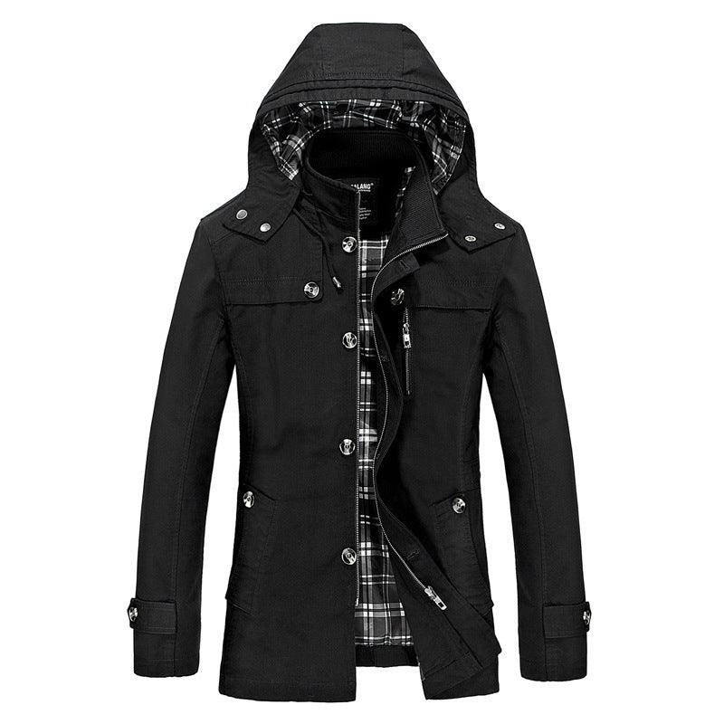 Black hooded jacket with plaid lining and snap button front, angled opening