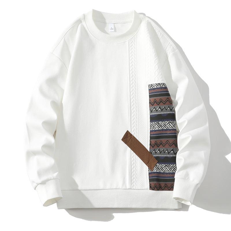 Round Neck Sweater Loose Casual Long Sleeves Patchwork Top - WOMONA.COM