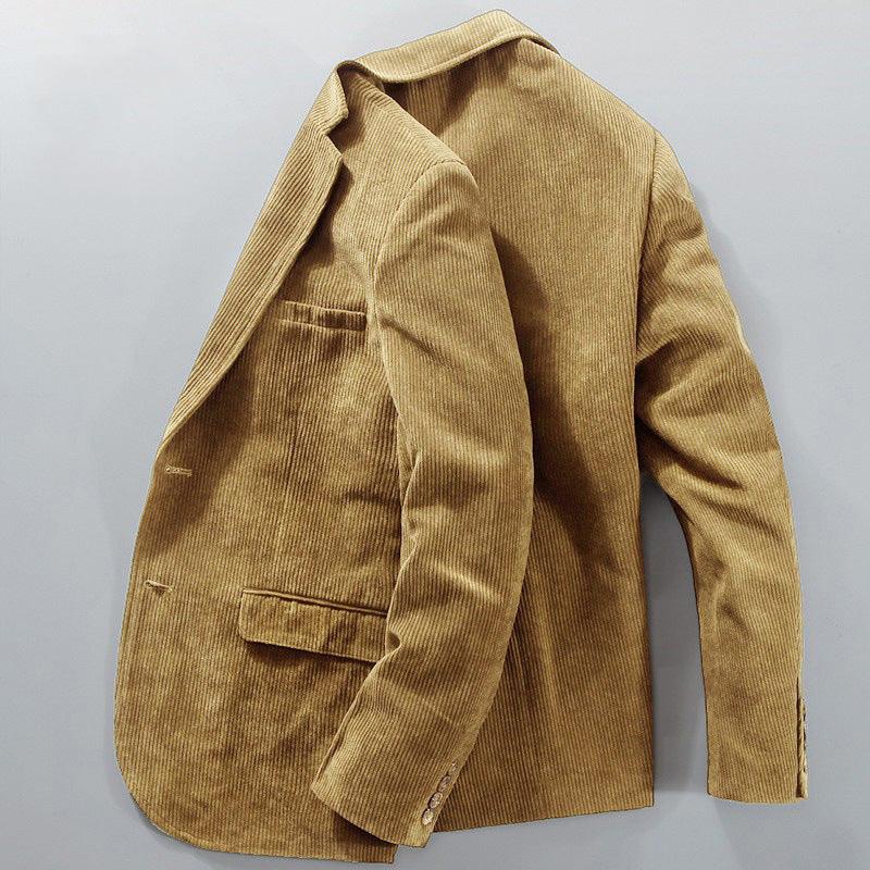 Men’s tan corduroy suit jacket with notch lapel, button cuffs, and flap patch pockets