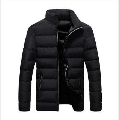 Black cotton-padded outdoor jacket with stand collar and front zipper