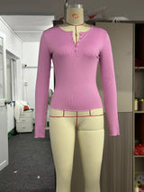 Women's Long Sleeve Breasted V-neck Slim-fit Crop-top - WOMONA.COM