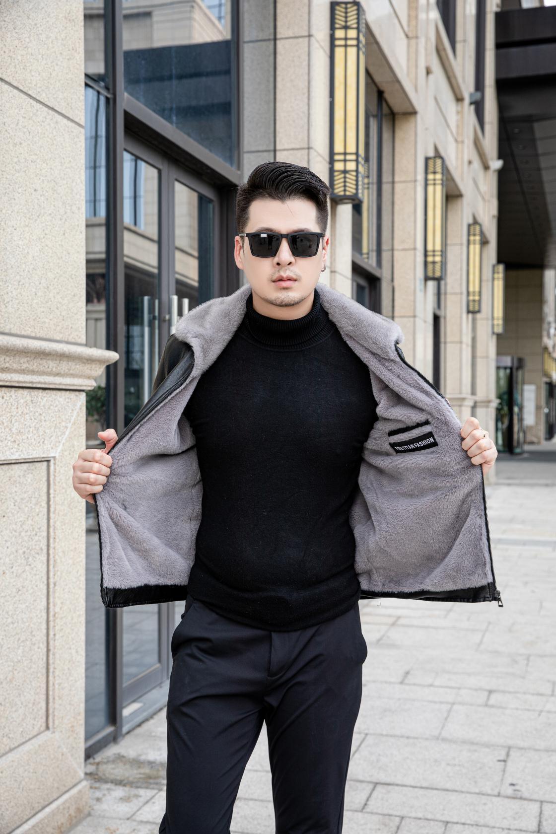 Men's black leather jacket with gray shearling collar and lining, zip front open