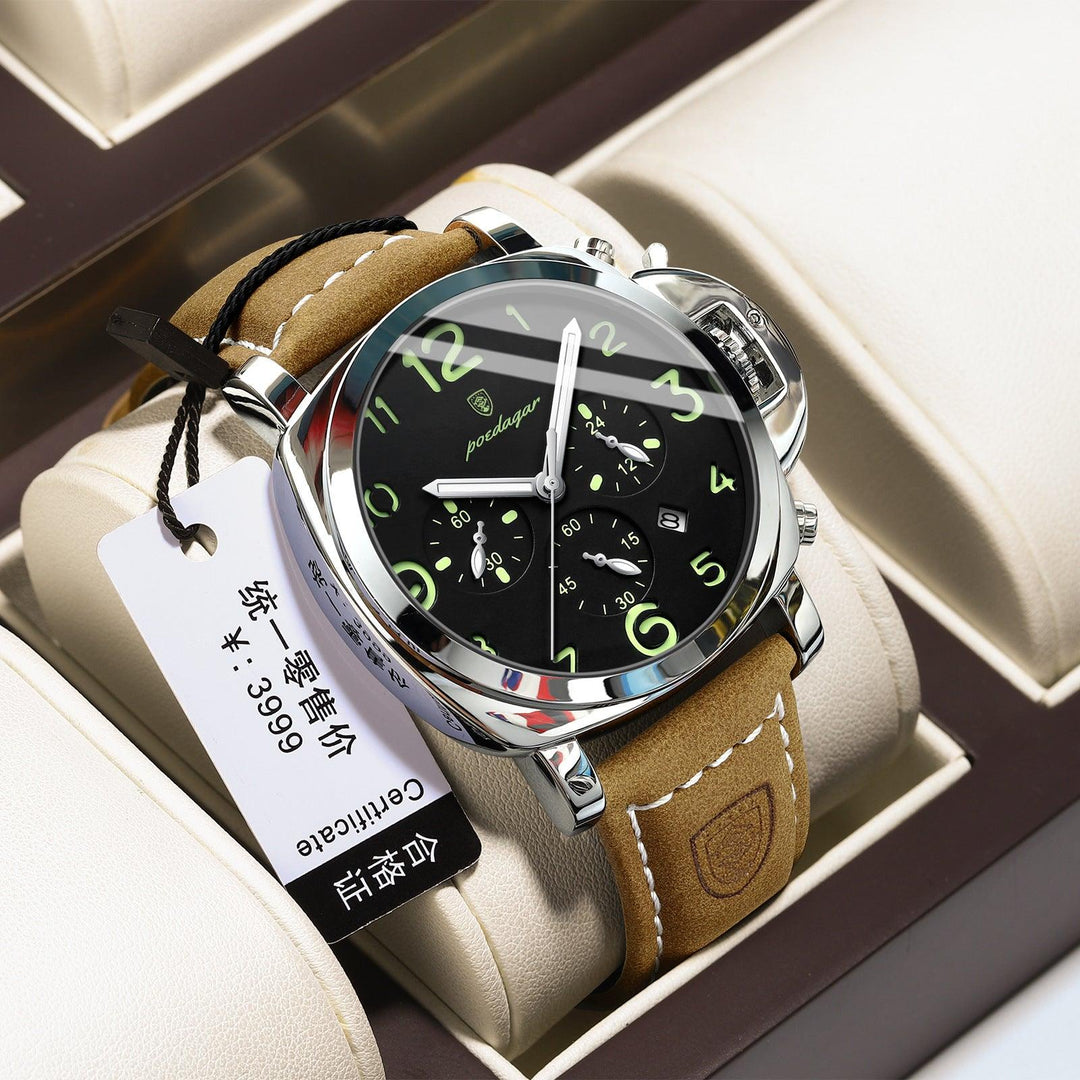 Men's sports watch with silver case, brown leather strap, black dial with green markers