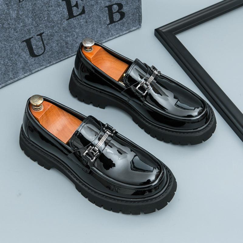Men's black glossy platform loafers with white vamp panel and silver buckle detail