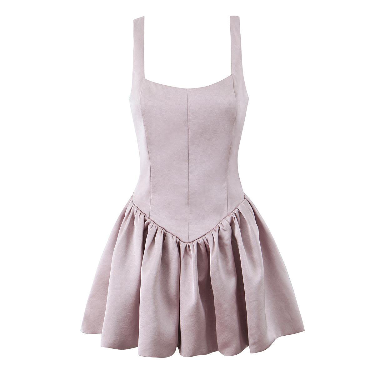 Light purple square-neck sleeveless sling dress with gathered waist and flared mini skirt