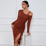 Women's Split Off-shoulder Sheath Long Sleeve Dress - WOMONA.COM