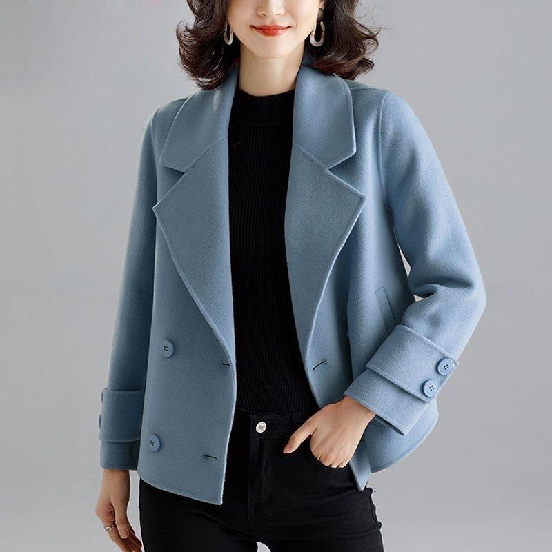 Women’s short wool-blend coat in sky blue, notched lapels, button-front and cuff buttons