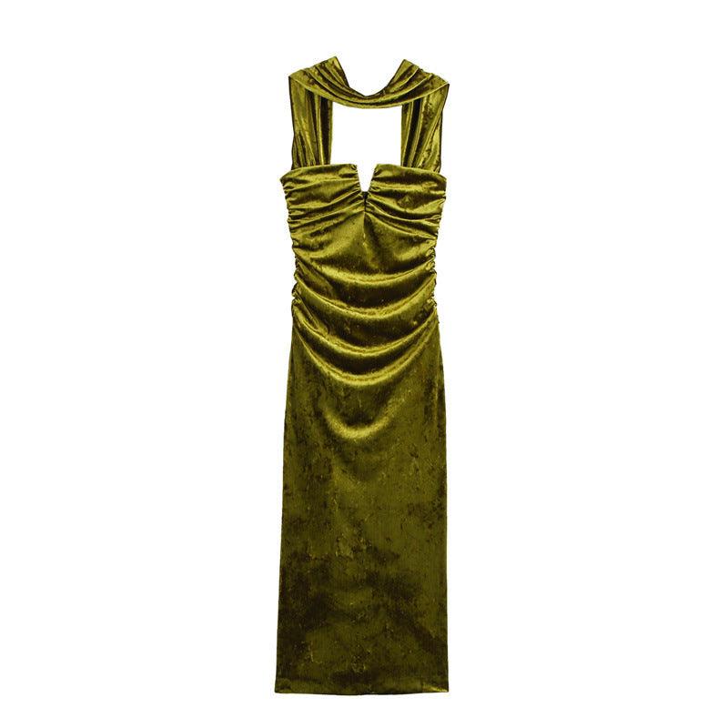 Olive-gold velvet bodycon midi dress with square cutout and ruched upper bodice