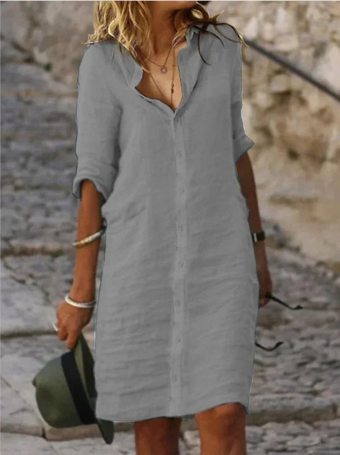 Solid Color Cotton And Linen Shirt Dress - WOMONA.COM