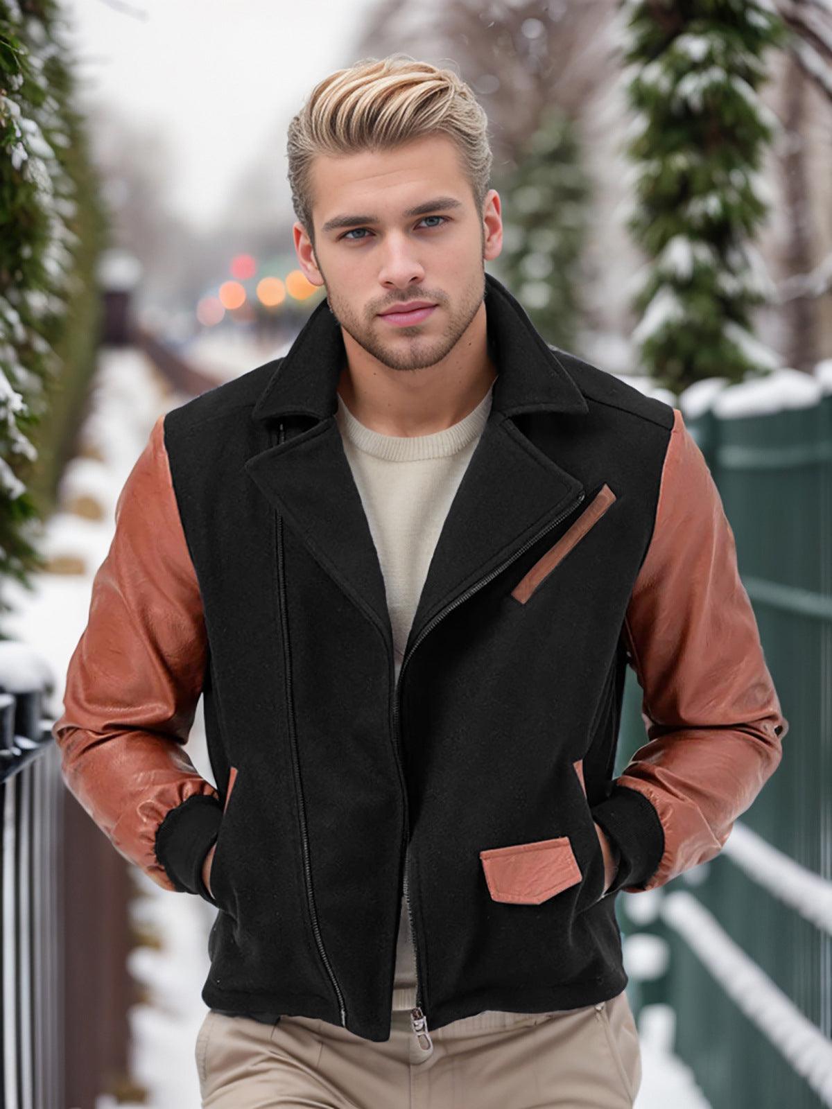 Men’s wool jacket in black with rust-brown sleeves, zip front, stand collar, flap chest pocket.