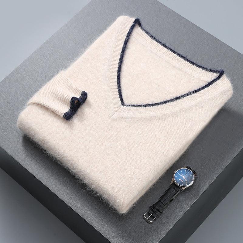 Plus size thermal sweater, cream knit with navy V-neck trim and small emblem on cuff