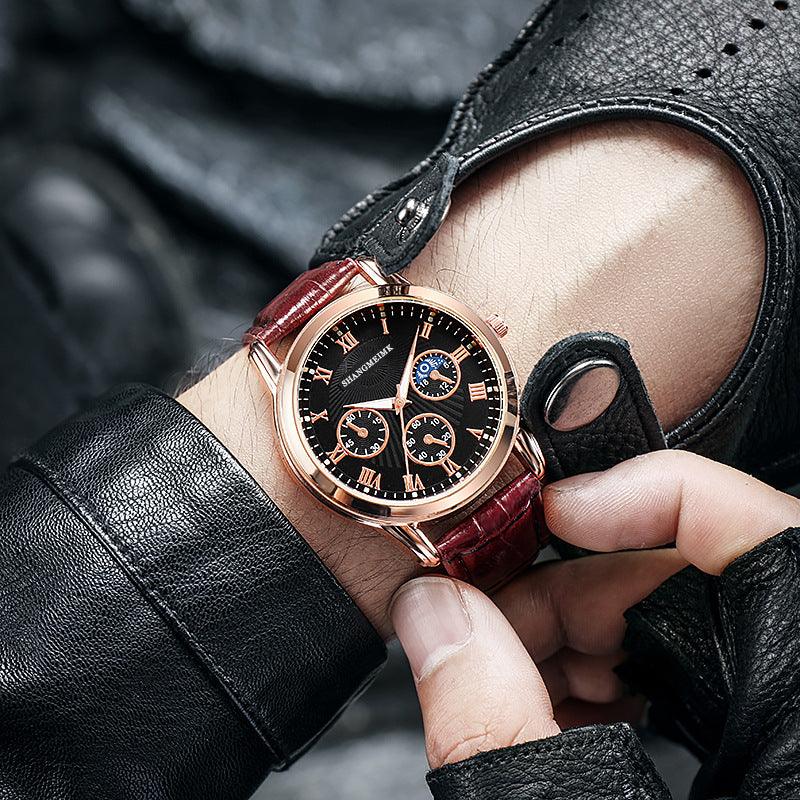 Waterproof quartz wristwatch with rose-gold case, black dial, maroon leather strap