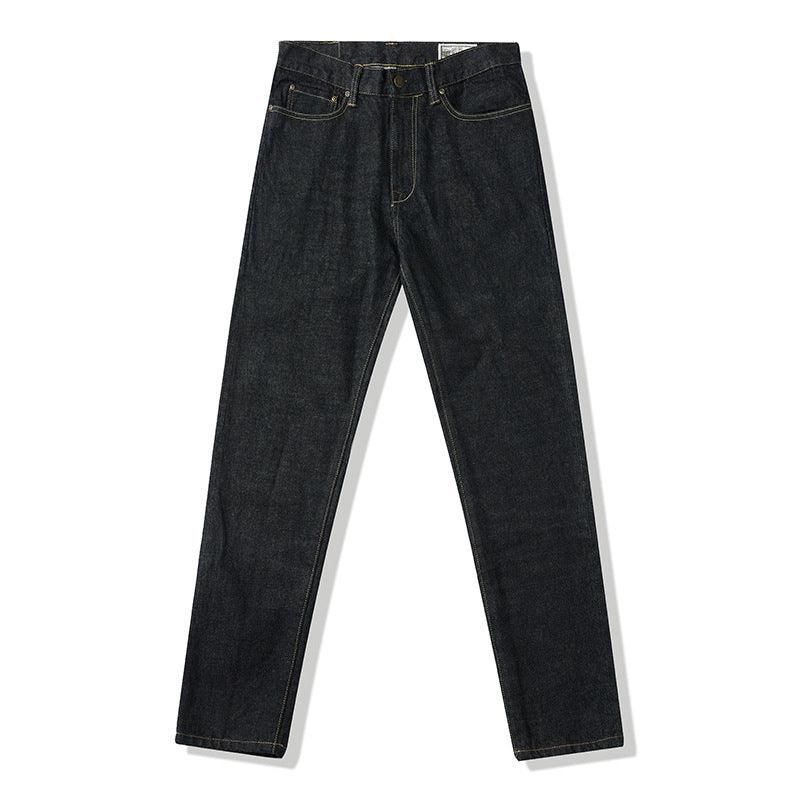 Dark slim jeans with mid-rise waist, belt loops, and subtle whisker fade