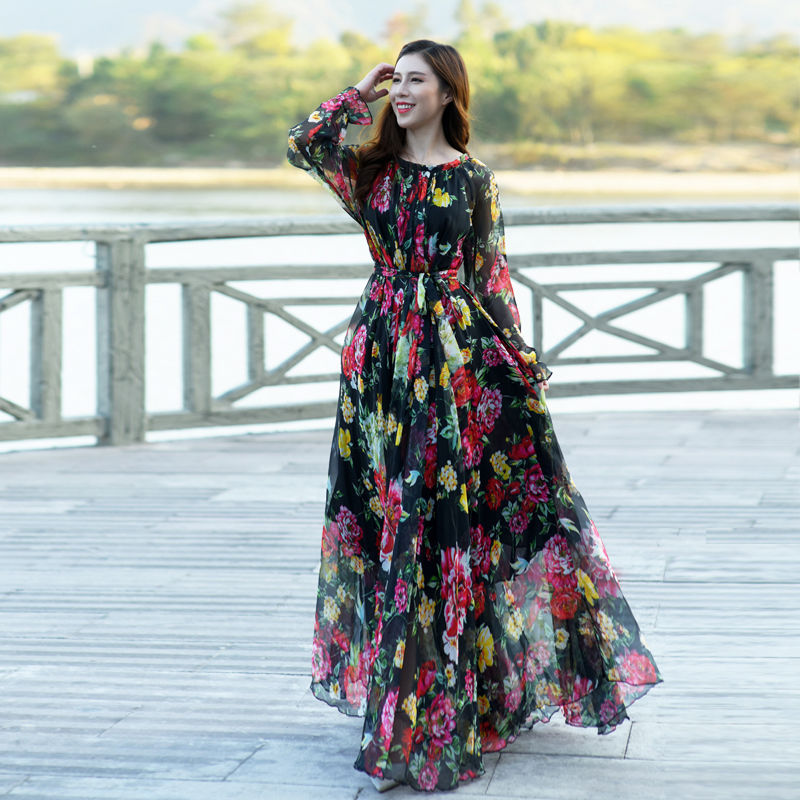 Chiffon Long Sleeve Loose Show Thin Black Long Dress - WOMONA.COM