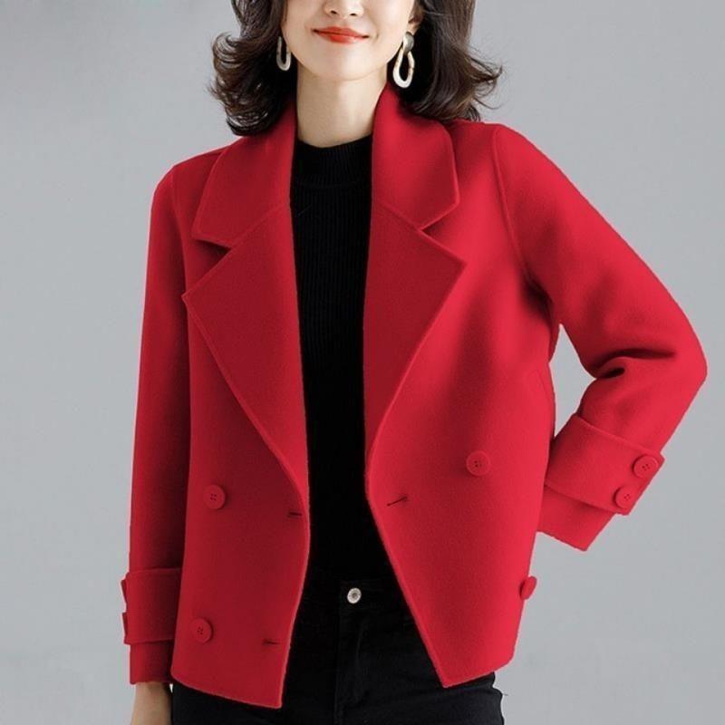 Women’s short coat suit in bright red, notched lapels and buttoned double-breasted front