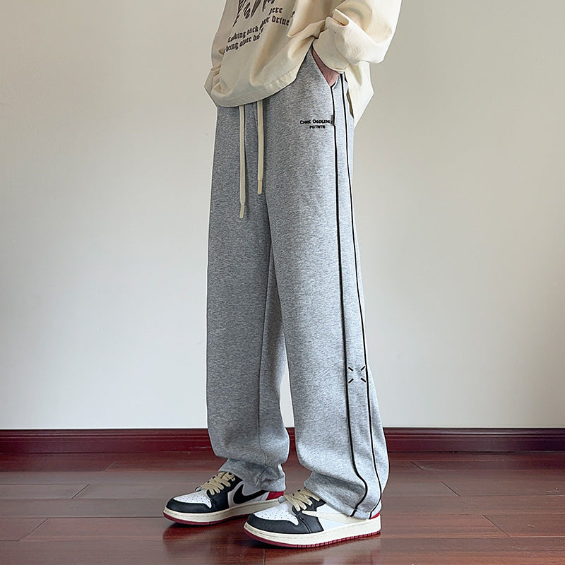 Men's heather gray loose straight casual pants, side stripe and drawstring waistband