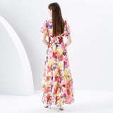 Silver Printing Long Tiered-ruffle Dress - WOMONA.COM