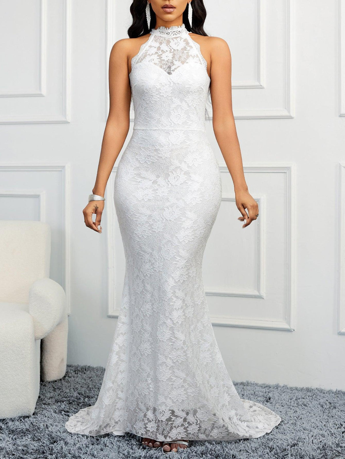 White lace halter gown, sleeveless high neck, fitted bodycon with floor-length train