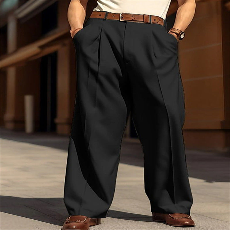 Men's black wide-leg straight pants with pleat front and roomy fit