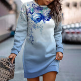 Printed Contrast Color Round Neck Sweater Dress - WOMONA.COM