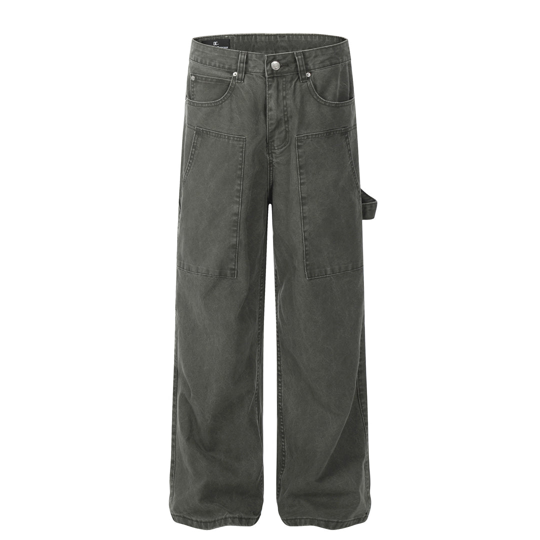 Men's loose cargo jeans, dark green/gray wash, straight legs, button fly and cargo pockets