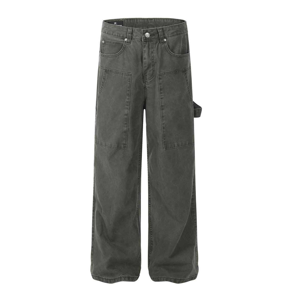 Men's loose cargo jeans, dark green wash, straight legs, front pockets and side cargo pocket
