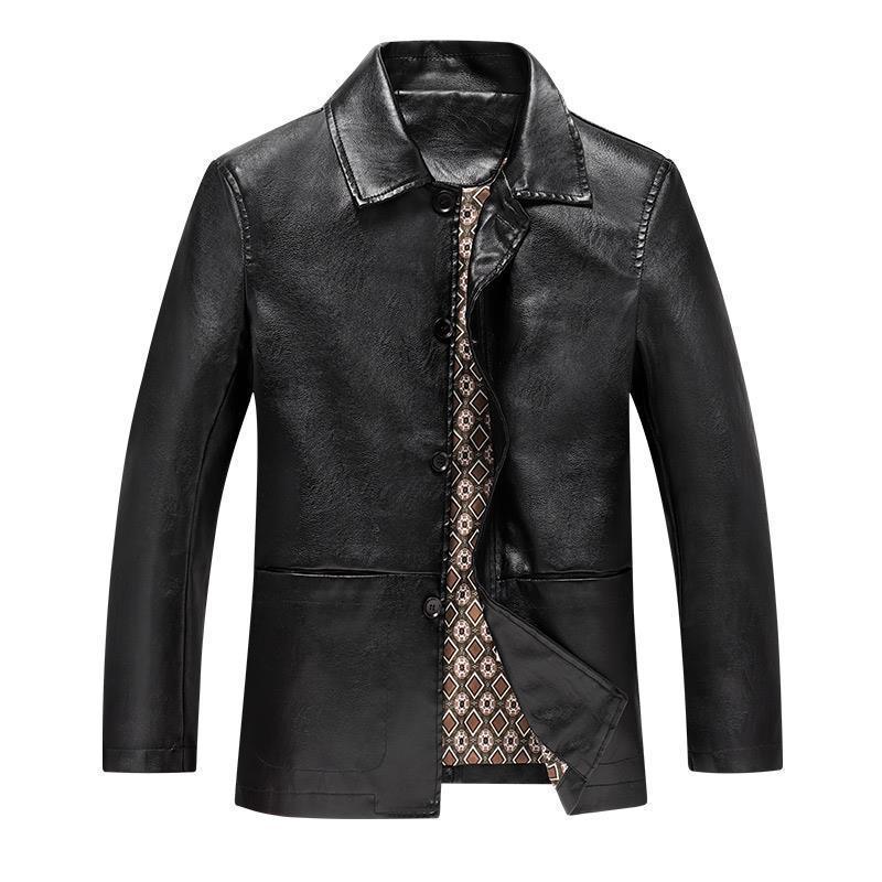 Men’s black leather coat with stand collar and patterned front lining panel.